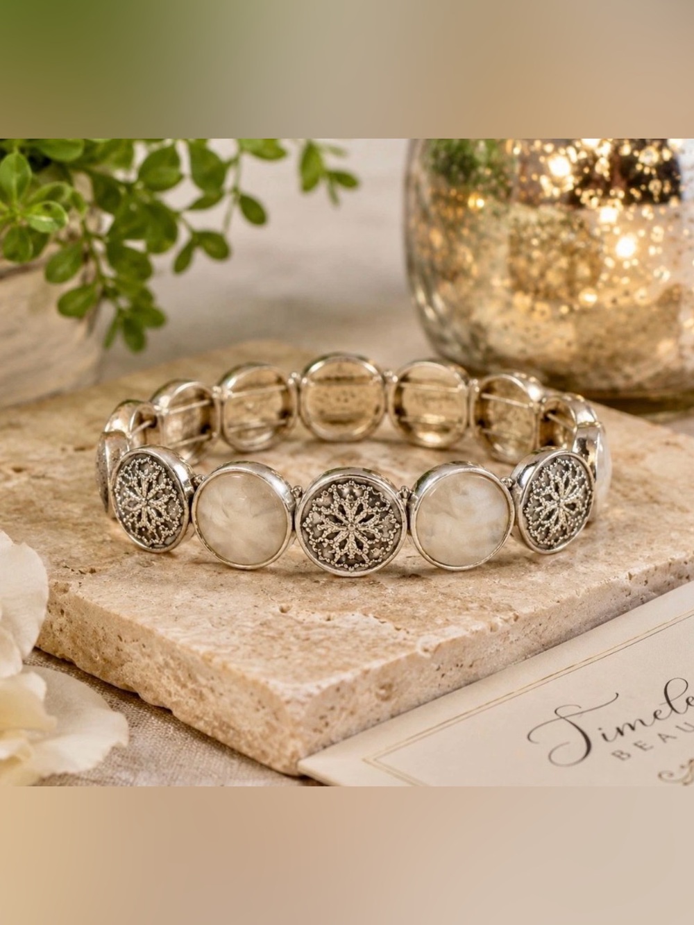 Silver Tone Stretch Bracelet Faux Mother of Pearl Floral Link Boho Vintage Style